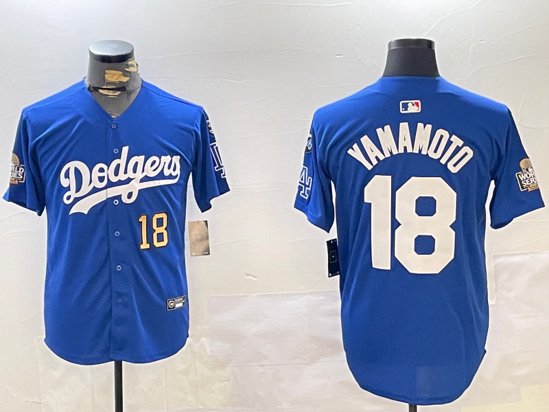 Men Los Angeles Dodgers #18 Yamamoto 2024 World series patch blue jersey 20241120164